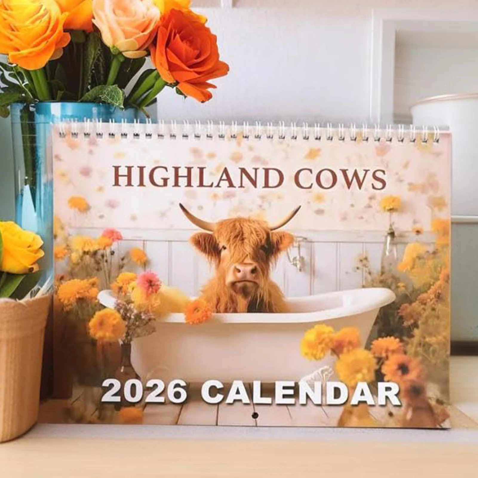 

Календарь Highland Cow на 2026 год, настольный настенный календарь с подставкой, тема фермы Шотландии, домашний офис, школьные принадлежности