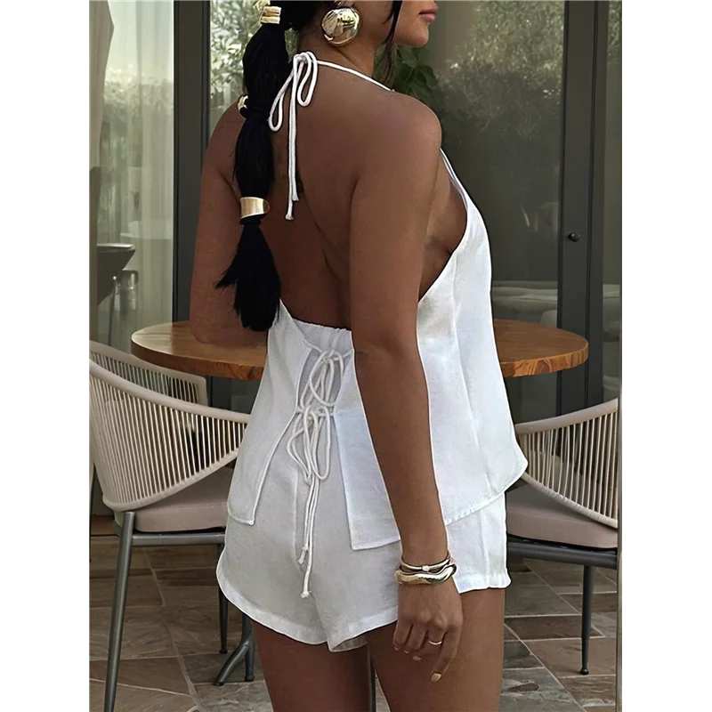 A09P 여성 여름 솔리드 루즈핏 섹시 백리스 홀터 타이 프론트 탑과 하이웨이스트 쇼츠 투피스
