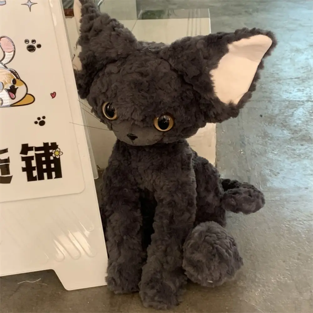 

Cartoon Big Eyes Devon Rex Cat Plush Toy Soft Stuffed Black Cat Plush Doll 35cm German Curly Devon Rex Animal Doll Children