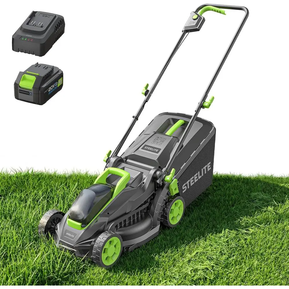 

13-Inch CordlElectric Lawn Mower, 21V BrushlBattery Push Mower with 4.0Ah Battery & , 5-Position Height Adjusent, 8-Gallon Grass