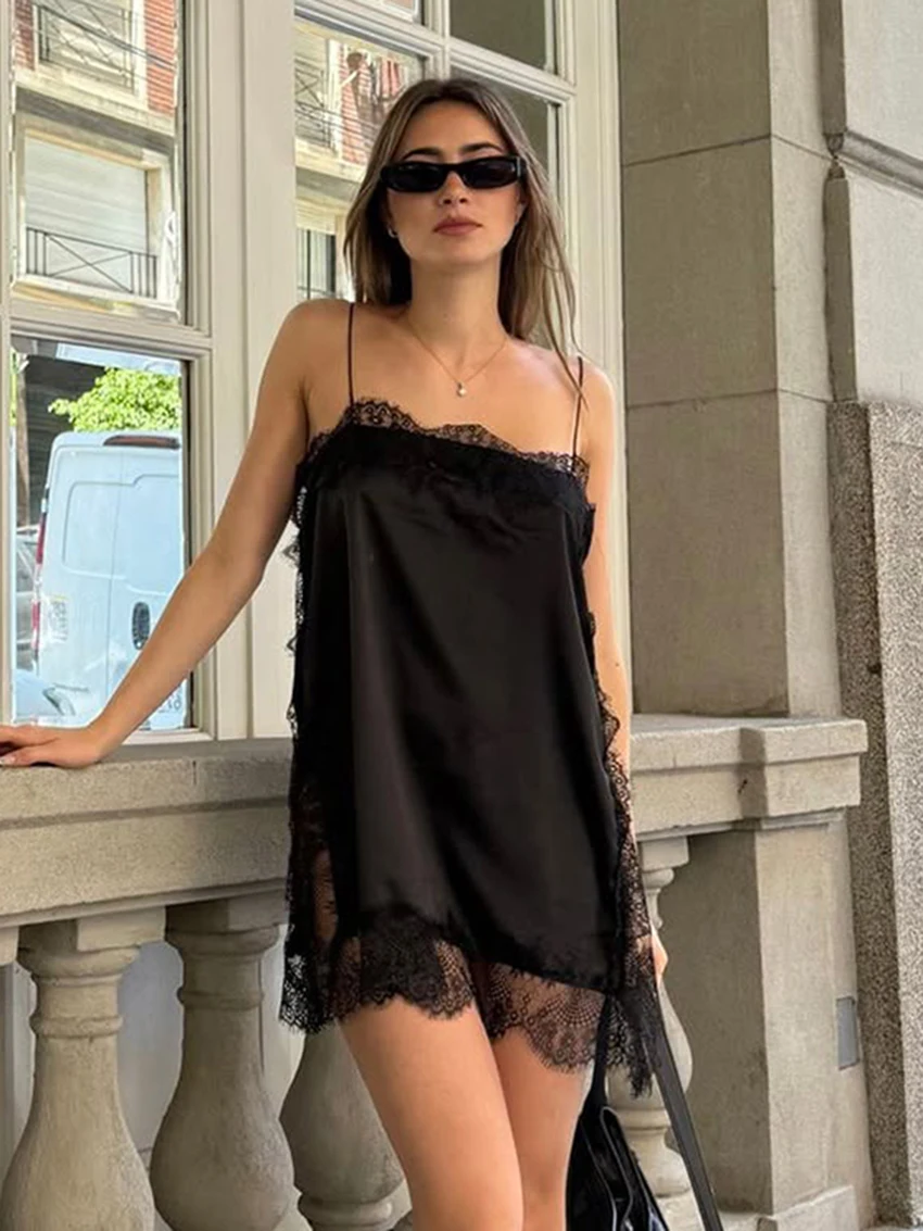 

Marthaqiqi Lace Women's Nightwear Backless Pajamas Spaghetti Strap Nightgowns Slash Neck Sleepwear Mini Dress Home Clothes Black