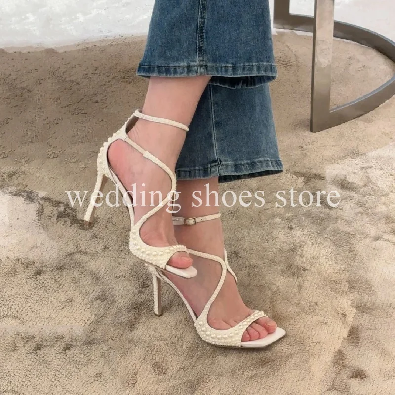 New Square Toe Stilettos Strappy Pearl Heels for Women High Quality Buckle Latch High Heel Luxury Elegance Women\'s Wedding Pumps