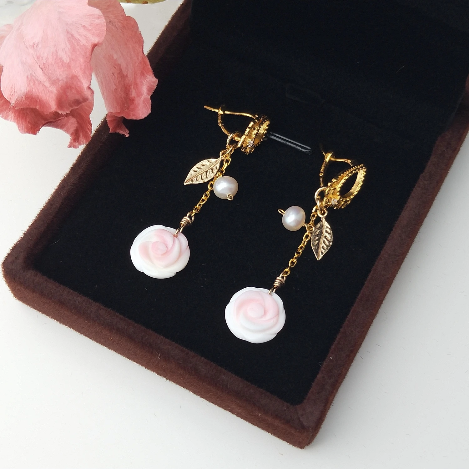 Lii Ji Natural Conch Shell Rose Flowers Freshwater Pearl 925 Sterling Silver Gold Plated Dangle Earrings