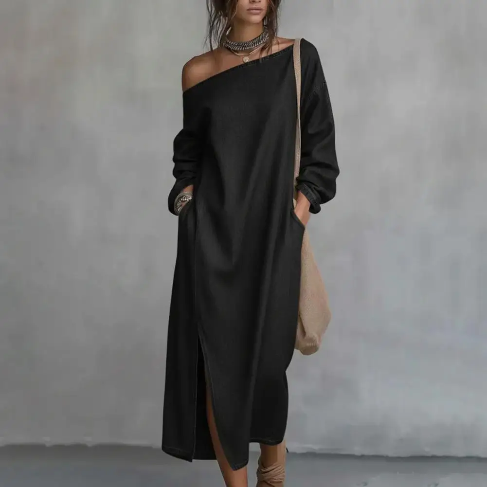 Damen Ein-Schulter-Langarm-Maxikleid, Lässiges Baumwoll-Leinen-Langtunika-Kleid, Seitlich Geschlitztes Sommerkleid mit Taschen