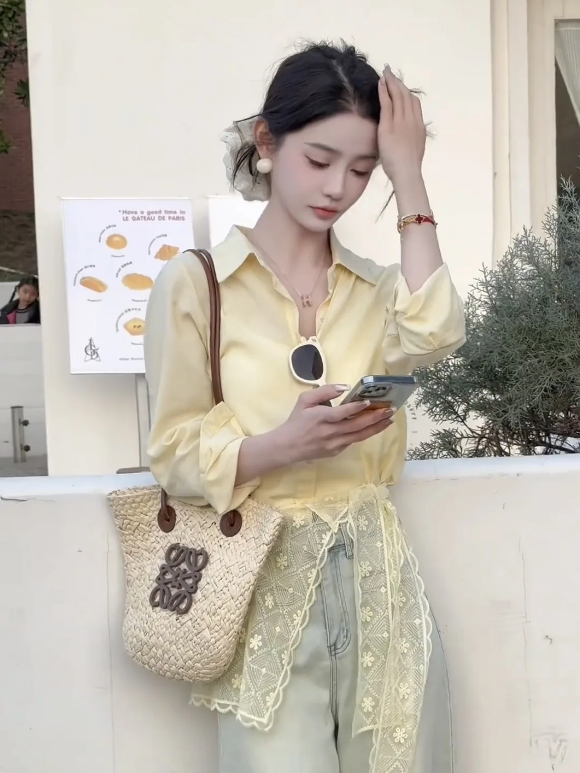 

Hebe Sle Chic Faion Lace oulder Wrap Collared irt Women's Spring Thin High-End Top Trendy Korean Loose Fit Long Sve