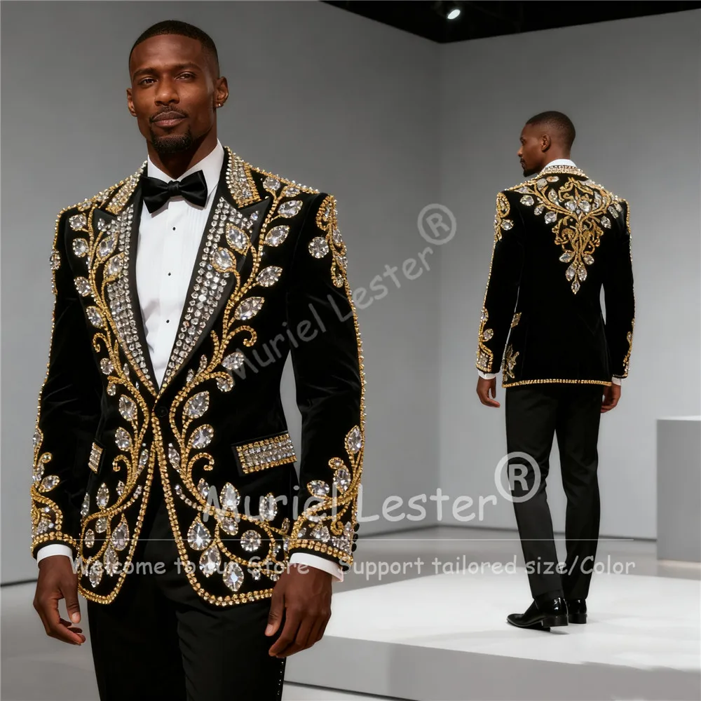

Exclusive Diamond Stones Suits Men 2 Pieces Sets Beaded Velvet Prom Blazers Customized Groom Wedding Tuxedos trajes para hombre