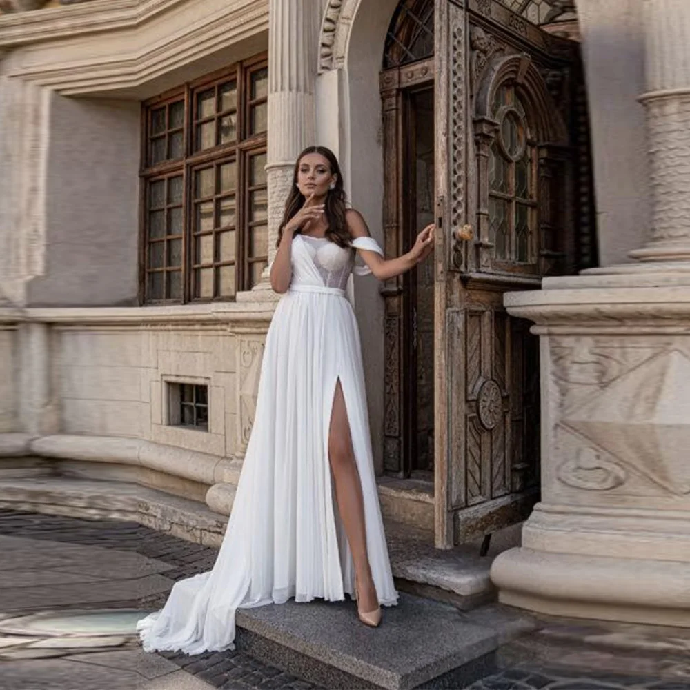 

Customized Simple A Line Wedding Dresses Woman's Illusion Sequined Sleeveless High Split Sexy Bride Gowns 2025 Vestidos De Novia