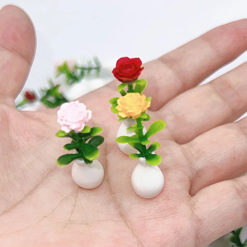 Mini Vase Flower Pot with Flower Model Decor Miniature Rose Flower Furniture Food Desktop Decoration Dollhouse Doll Accessories