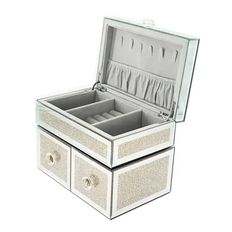 New Design Industry Style Furniture 2 Tier Luxury Crystal Mirrored Make Up Ring Jewellery Cosmetic Storage Box