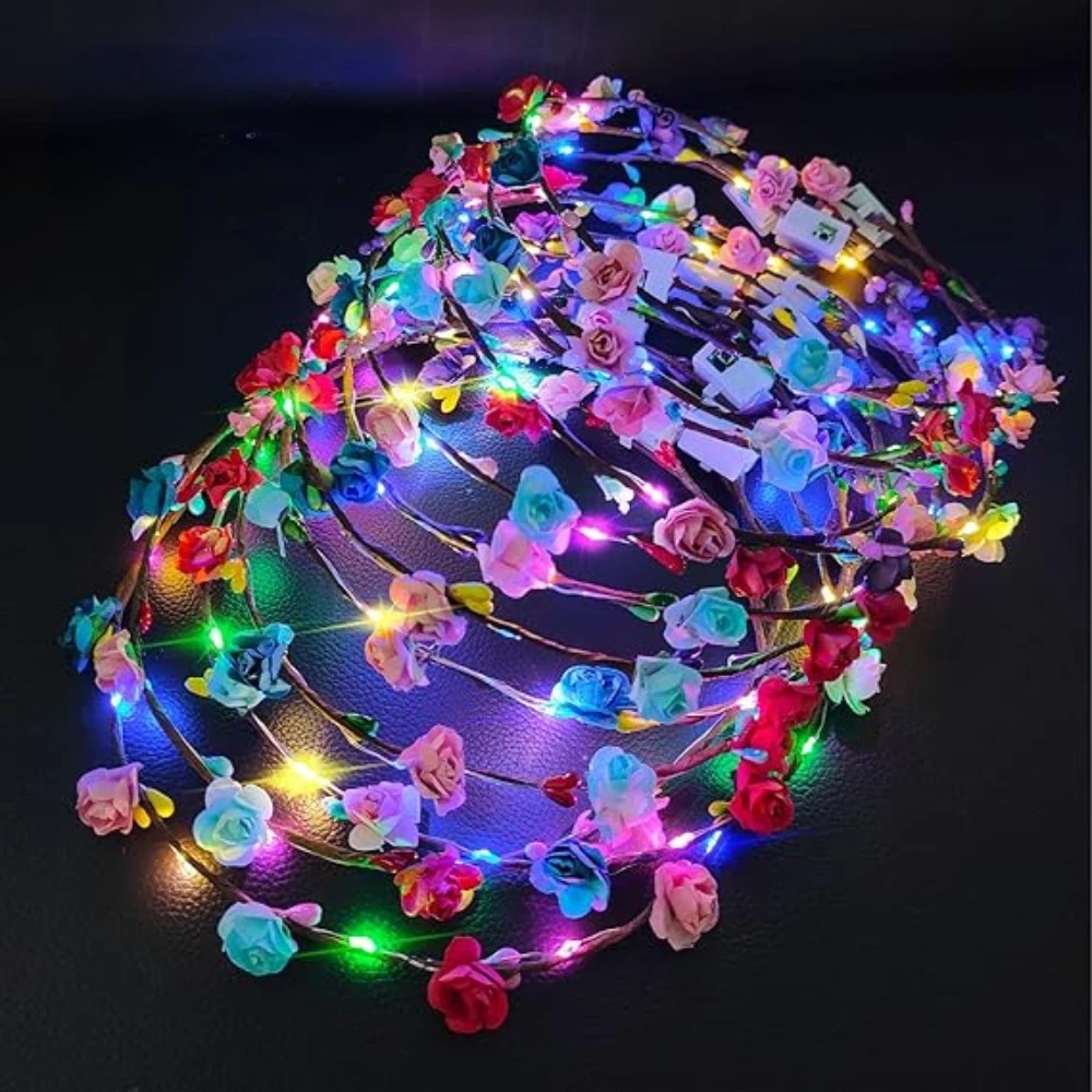 10pcs LED Floral Wreath Crowns Light Up Headband Artificial Flowers Garland Luminous Flower Headbands Wedding Festival Party