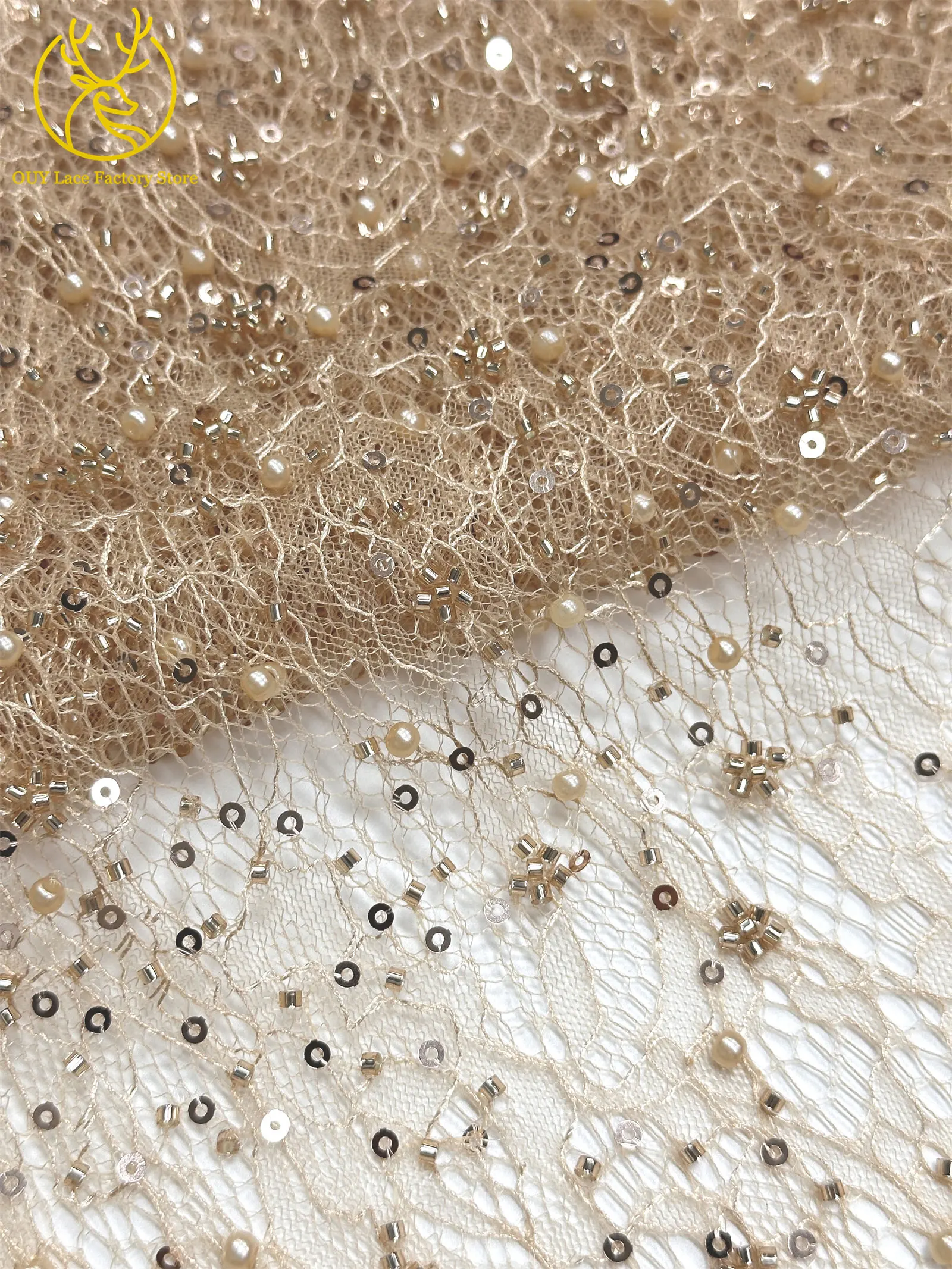 Kaffeebraune französische Tüllspitze mit Pailletten, 5 Yards, hochwertige afrikanische Spitze, nigerianischer Perlenstickerei-Spitzenstoff zum Nähen von Damen-Abendkleidern – Detail 22