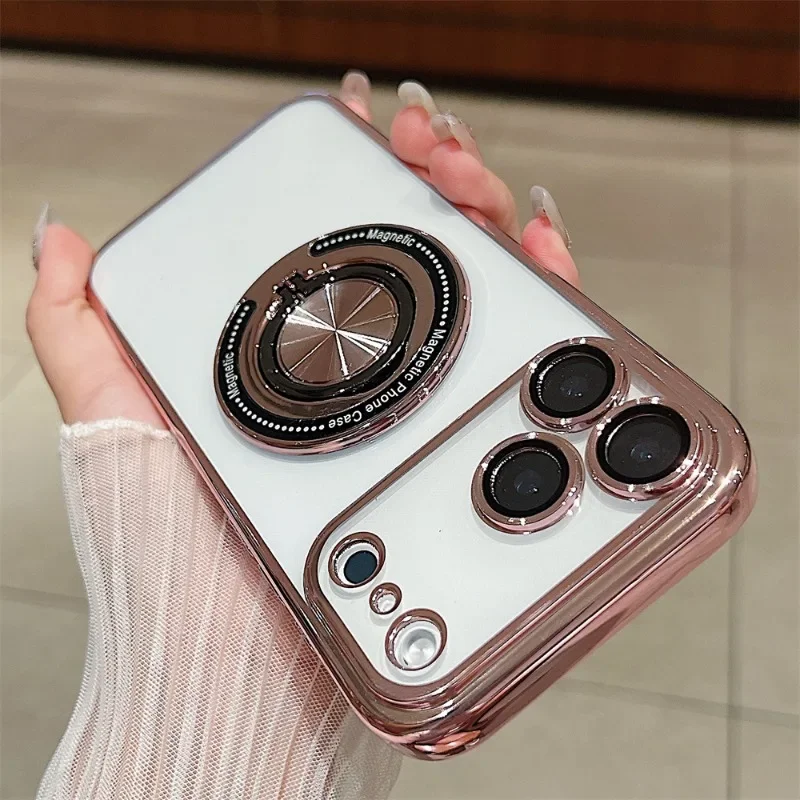Coque de téléphone magnétique Magsafe avec Film d'objectif et support Invisible rotatif pour iPhone 17 Air 16e 16 15 14 Plus 13 12 11 Pro Max