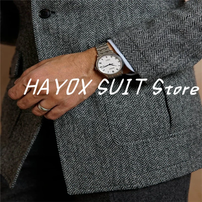 Tweed Men\'s Suit Jacket Vintage Single Breasted Business Formal Men Ensembles De Blazers For Wedding Costume Homme