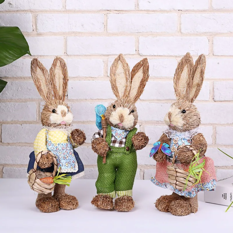 Artificial Straw Rabbit Home Garden Rabbit Decoration Easter Bunny Theme Party Decor Easter Filled Eggs Hunt Party Supplies