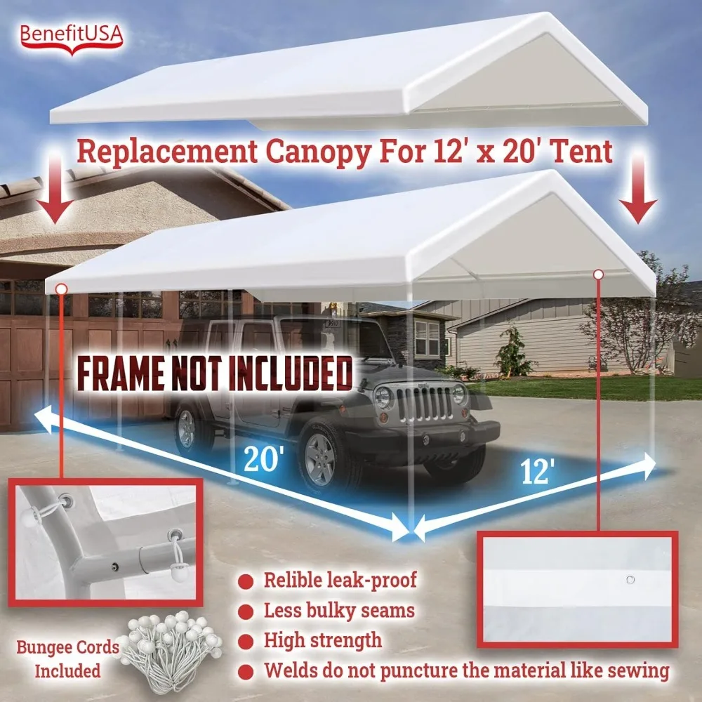 12'x20' Upgraded Carport Canopy Tent Garage Replacement Car Shelter Cover with Bungees,Frame is not Included (White)