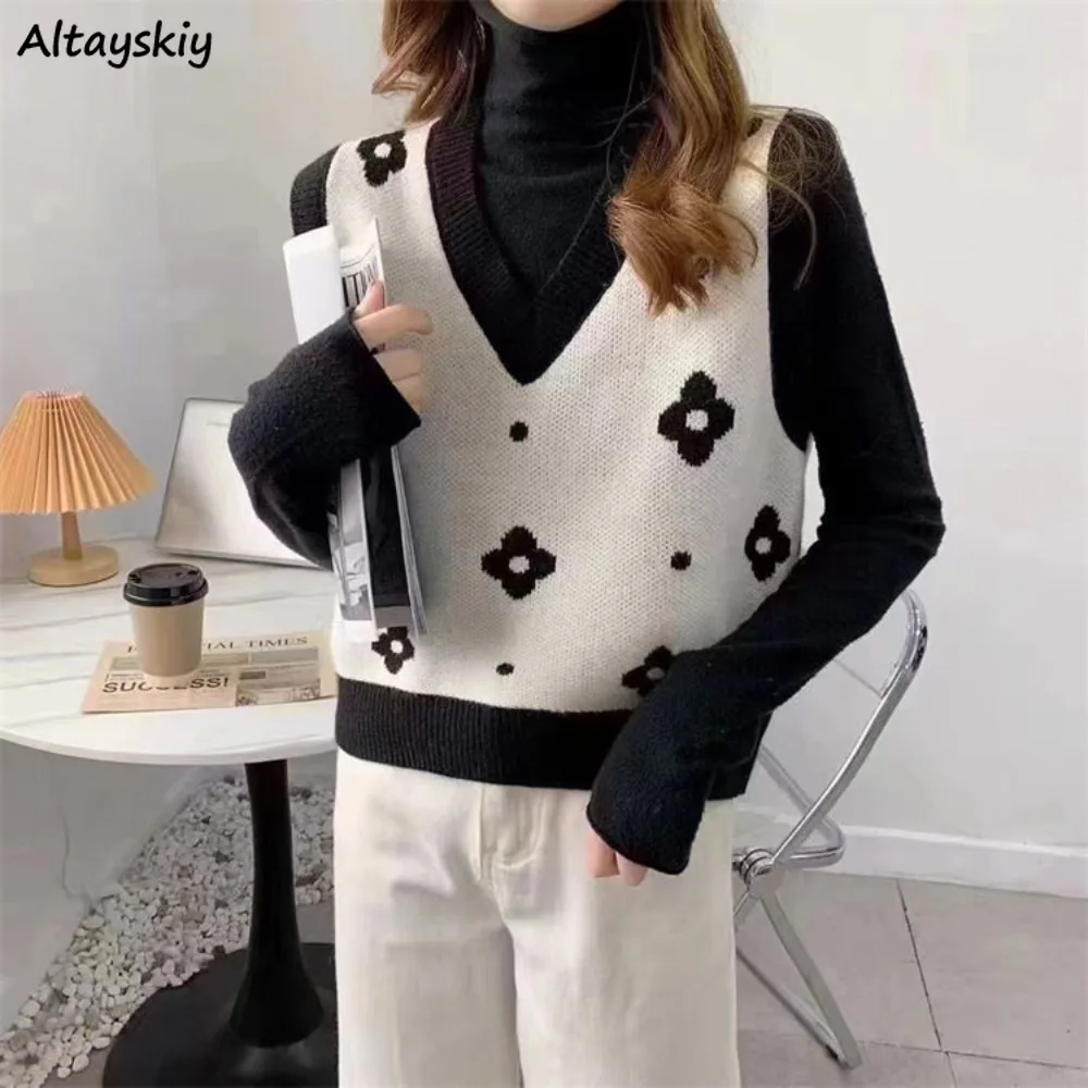 

Sweater Vests Women Clothes Retro Flower-prints Spring Autumn College V-neck Knitwear Tops Loose Style Leisure Simple Jumpers