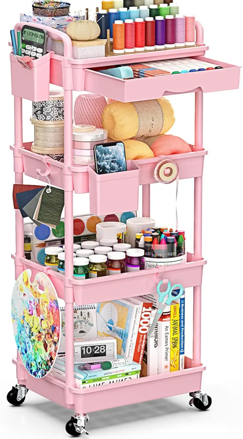 

4-Tier Rolling Storage Cart with Drawer and Lockable Wheels, Multifunctional Organizer for Bathroom, Kitchen, and More in Pink