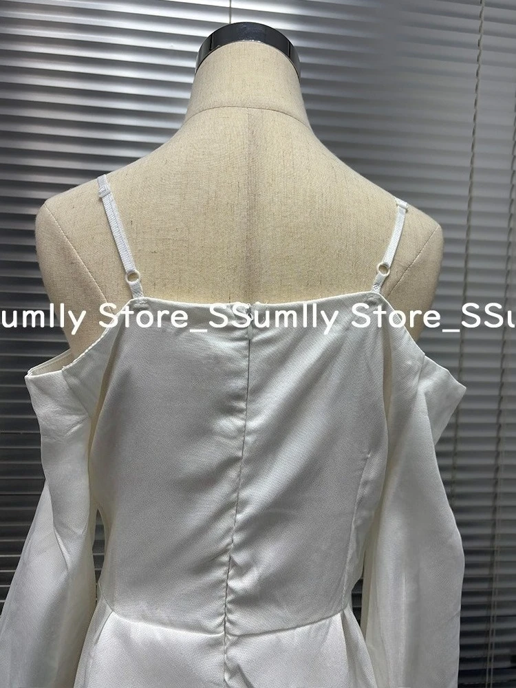 2025 New White Off Shoulder Strap Dress Women Spring Elegant Slim Fit A-line Short Dresses French Sexy Pleated Female Clothes - Image 6