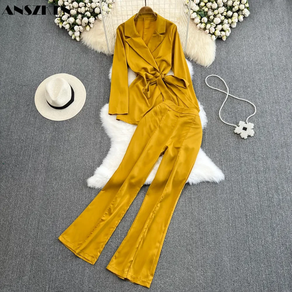 Fashion suit femininity medium long suit collar waistband top two-piece high waist casual split horn pants