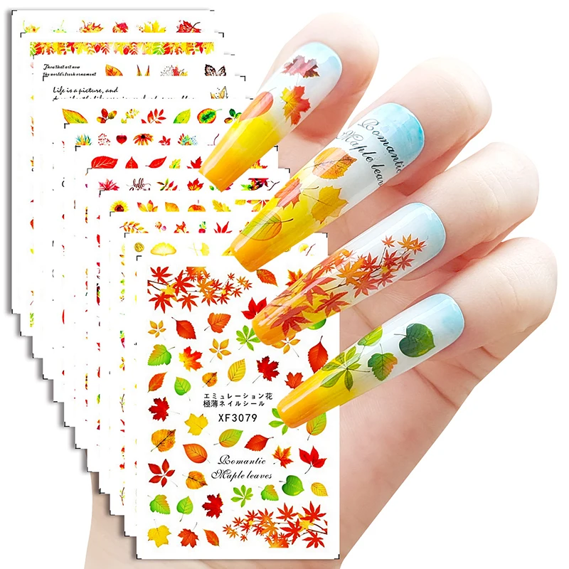 

12 Types Maple Leaf Nail Stickers Manicure Autumn Season Leaves Decal Thanksgiving Nail Charms Sliders Decoration XF3079-XF3410