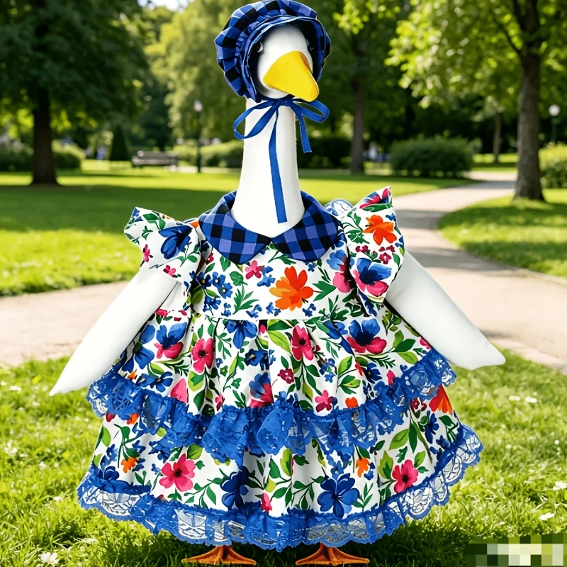 23" Blue Gingham Collar & Lace Trim Dress with Matching Bonnet - Floral Print Porch Goose Costume Suitable for Spring Summer Outdoor Lawn Parties, Easter Egg Hunts, Dress-Up for Role Play & Themed Events view 5
