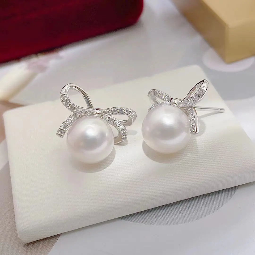 Bow Knot S925 Sterling Silver Earrings Mount Findings Settings Base Mounting Parts Accessory for 8-9mm Pearls 5 pairs/lot