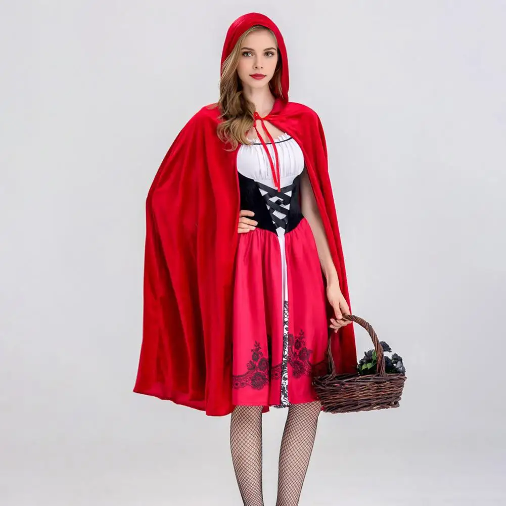 

Halloween Cosplay Outfit Women's Little Witch Maid Cosplay Costume Set with Red Hat Cloak Dress for Halloween Party Stage Show