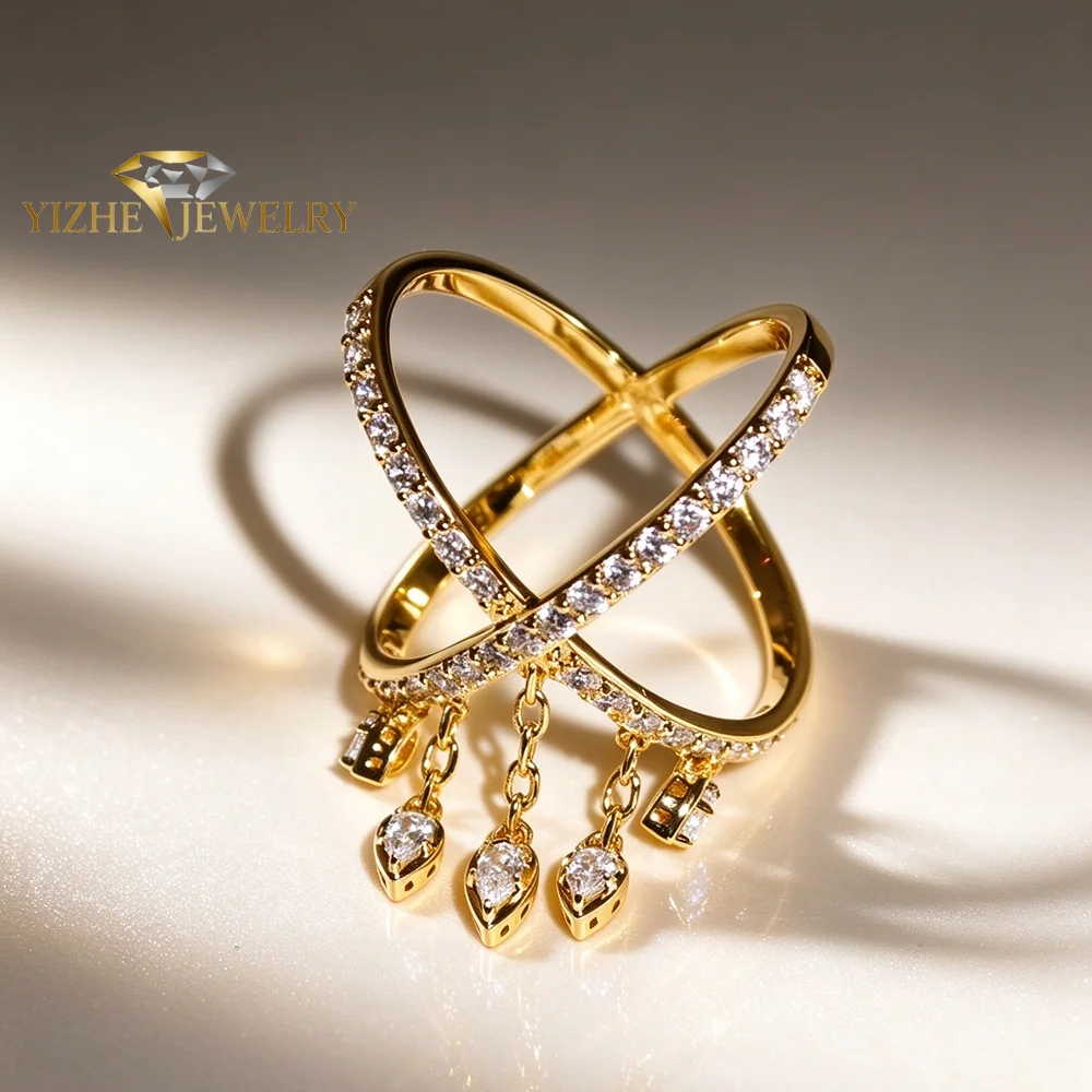 Luxury Cross X Shape Ring For Women Gold Plated Paved Cubic Zirconia Teardrop Tassel Ring Wedding Party Finger Jewelry Gift