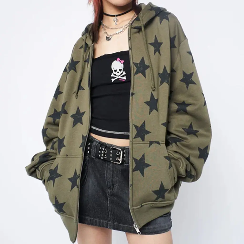 

Combhasaki Women Y2K Vintage Zip up Coat Aesthetic Gothic Star Print Long Sleeve Hooded Sweatshirt Jacket with Pocket Streetwear