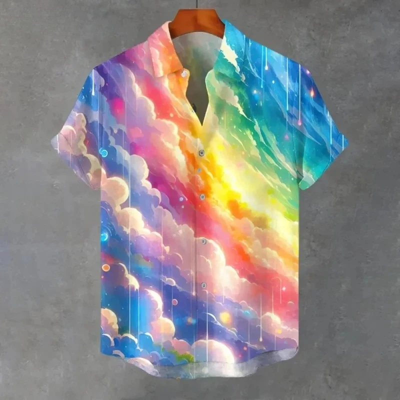 Men Short Sleeve Shirt Watercolor Rainbow Cloud Sky Print Casual Summer Vacation Beach Holiday Street Daily Trendy Mens Clothing