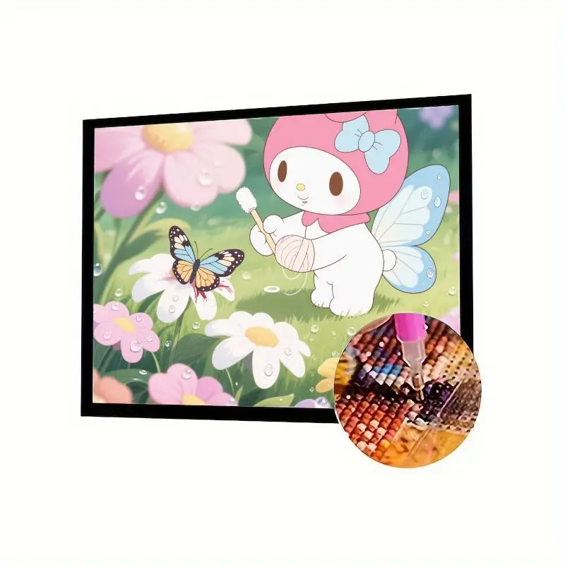 

1PC Cute My Melody Diamond Painting Kit - 5D Full Drill Sanrio Cartoon Bunny with Butterfly Wings Knitting in Spring Flower Gard