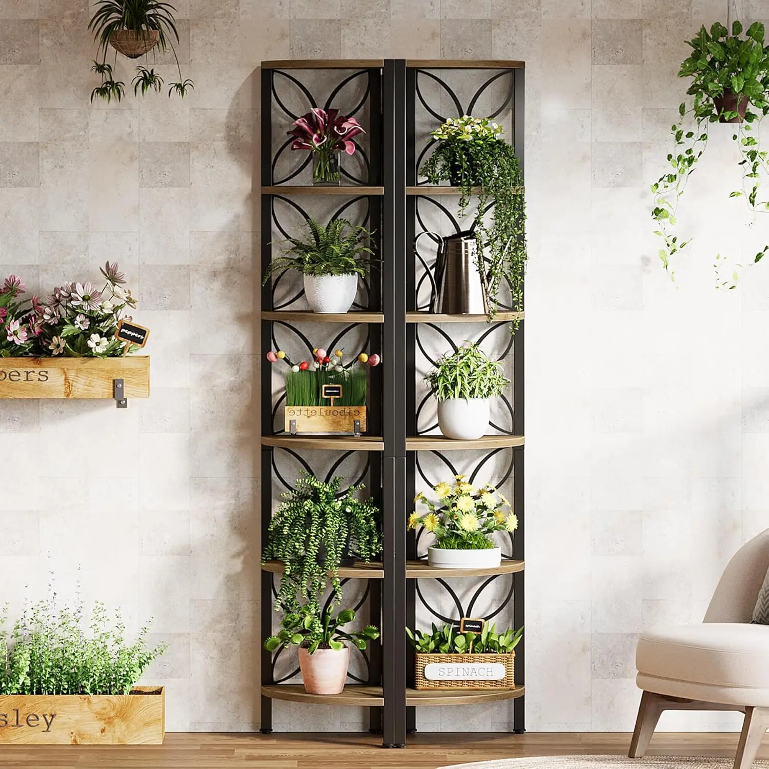 مجموعة أرفف زاوية مكونة من 6 طبقات مكونة من 2 (70.9 بوصة) - رف كتب ريفية صناعية لغرفة المعيشة/غرفة النوم/الحمام