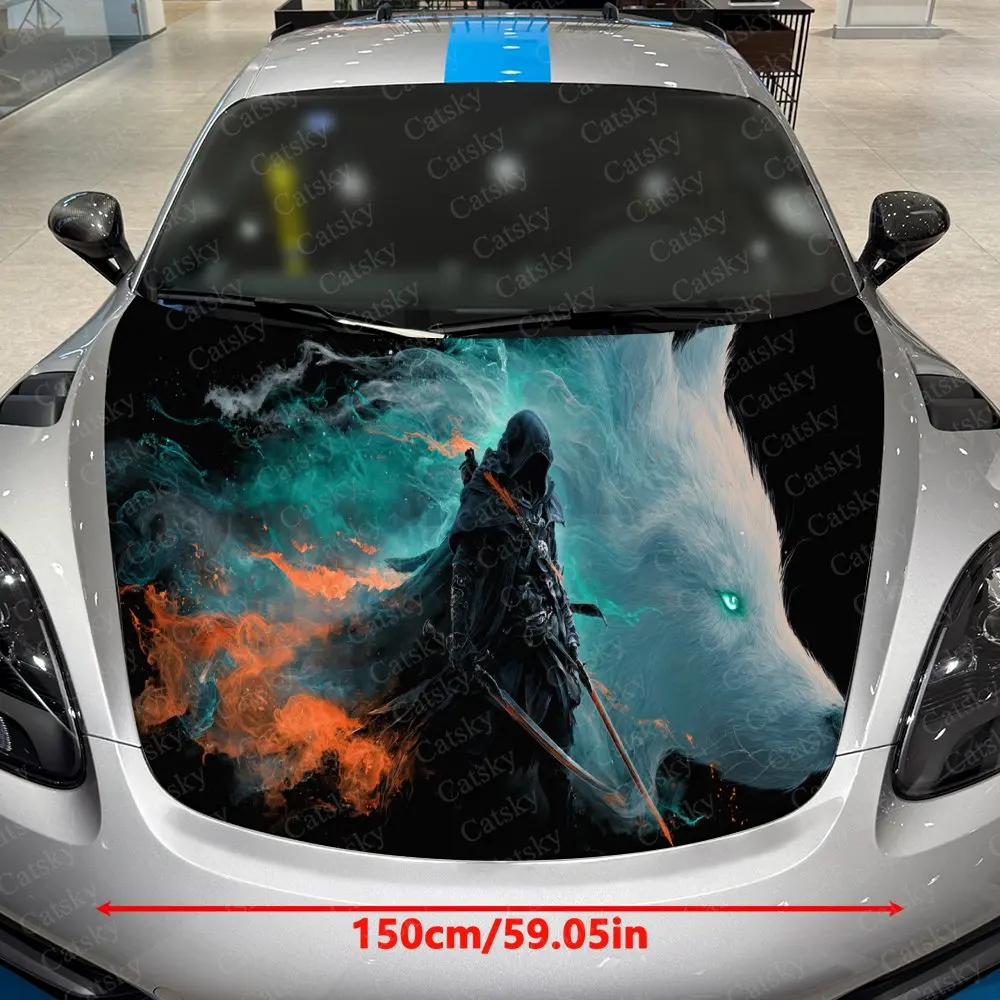 Wolf Spirit Assassin Car Vinyl Wrap, PVC Material Waterproof Car Hood Sticker, Self-Adhesive Scratch-Resistant Stickers for Engi