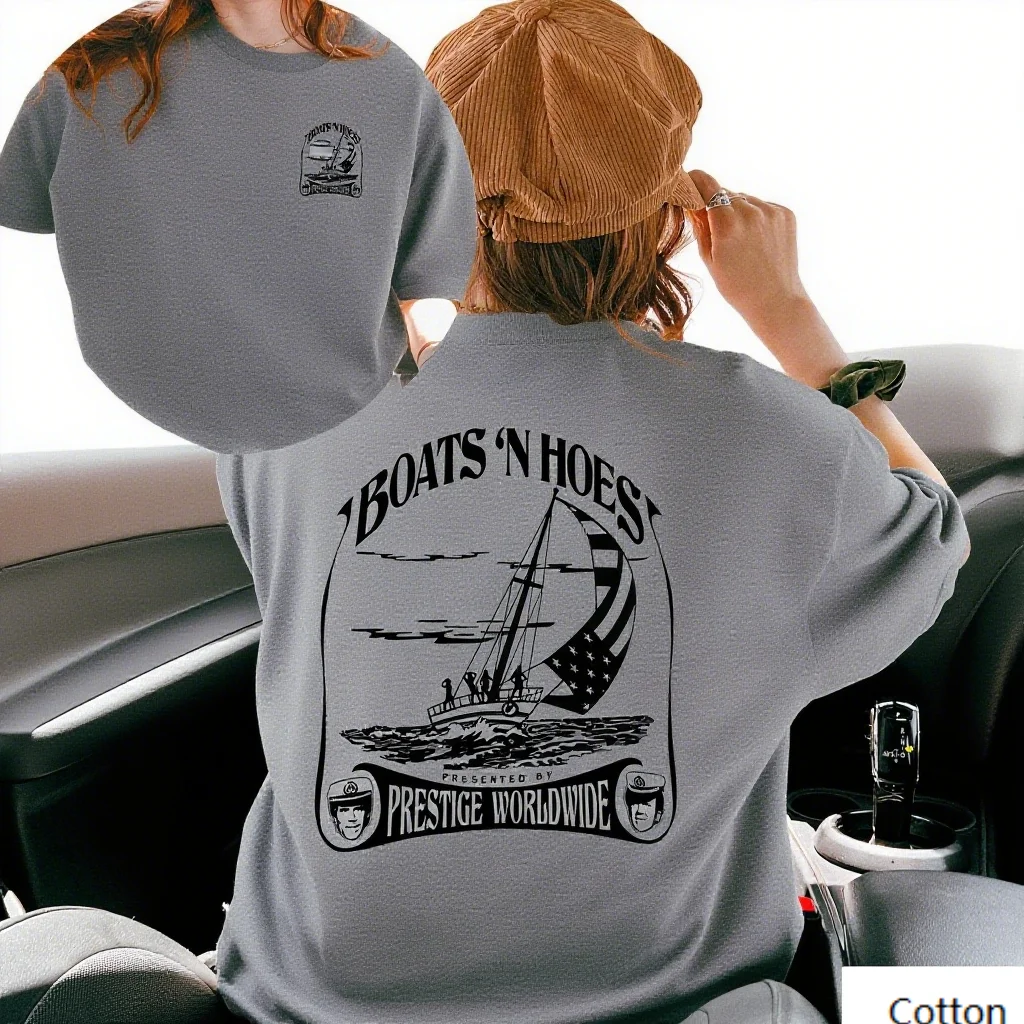 تي شيرت قطني مطبوع عليه Boats N Hoes Prestige Worldwide مستوحى من العلامة التجارية العصرية المطبوعة تي شيرت من القطن الخالص بأكمام قصيرة للجنسين