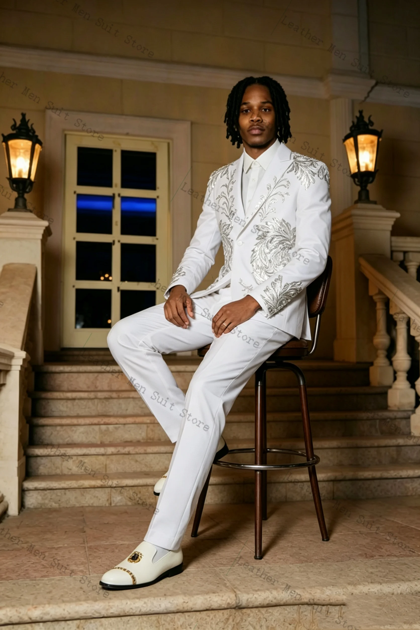White Groom Men Suit Set 2 Pcs Blazer+Pants Trousers Crystals Stone Formal Office Coat Wedding Tuxedo Customized Jacket Outfit