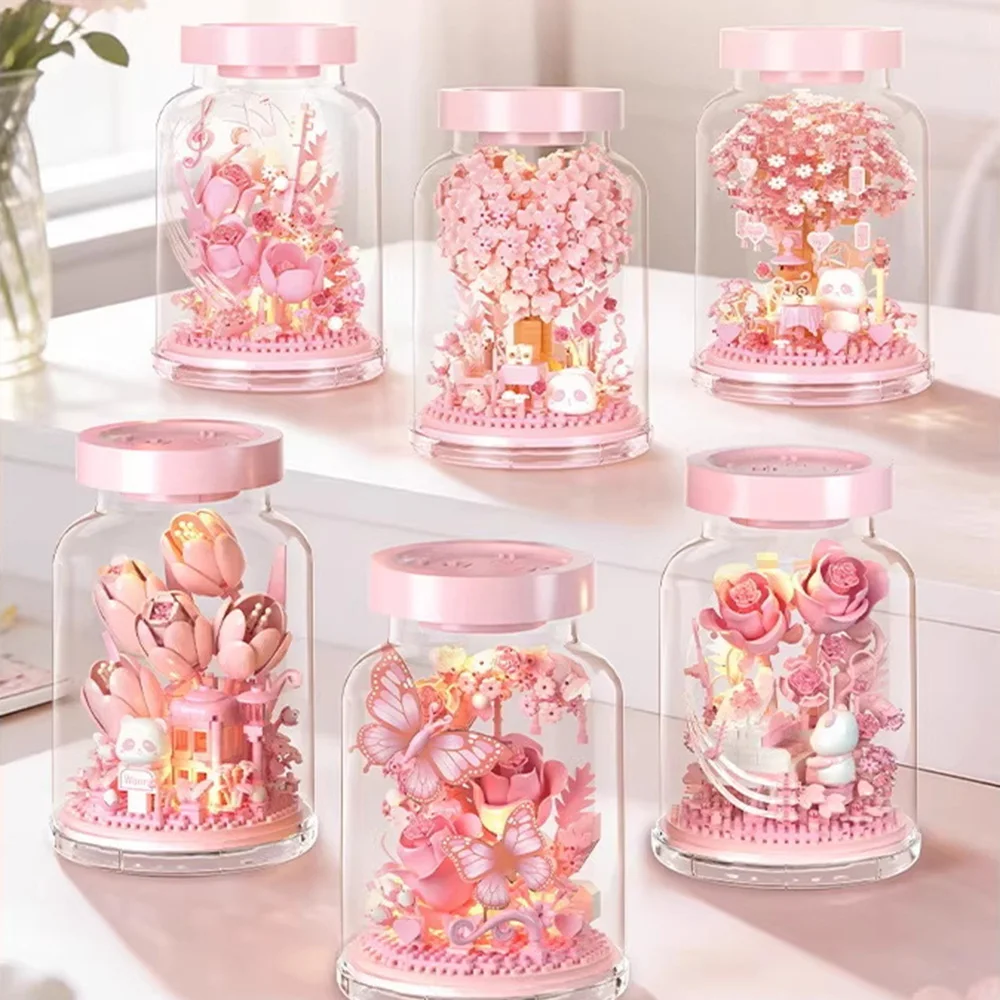 

Конструктор Idea Flower In Bottle Micro Diamond Block Panda Building Diary Bricks Pink World Nanobricks с подсветкой для девочек, подарки