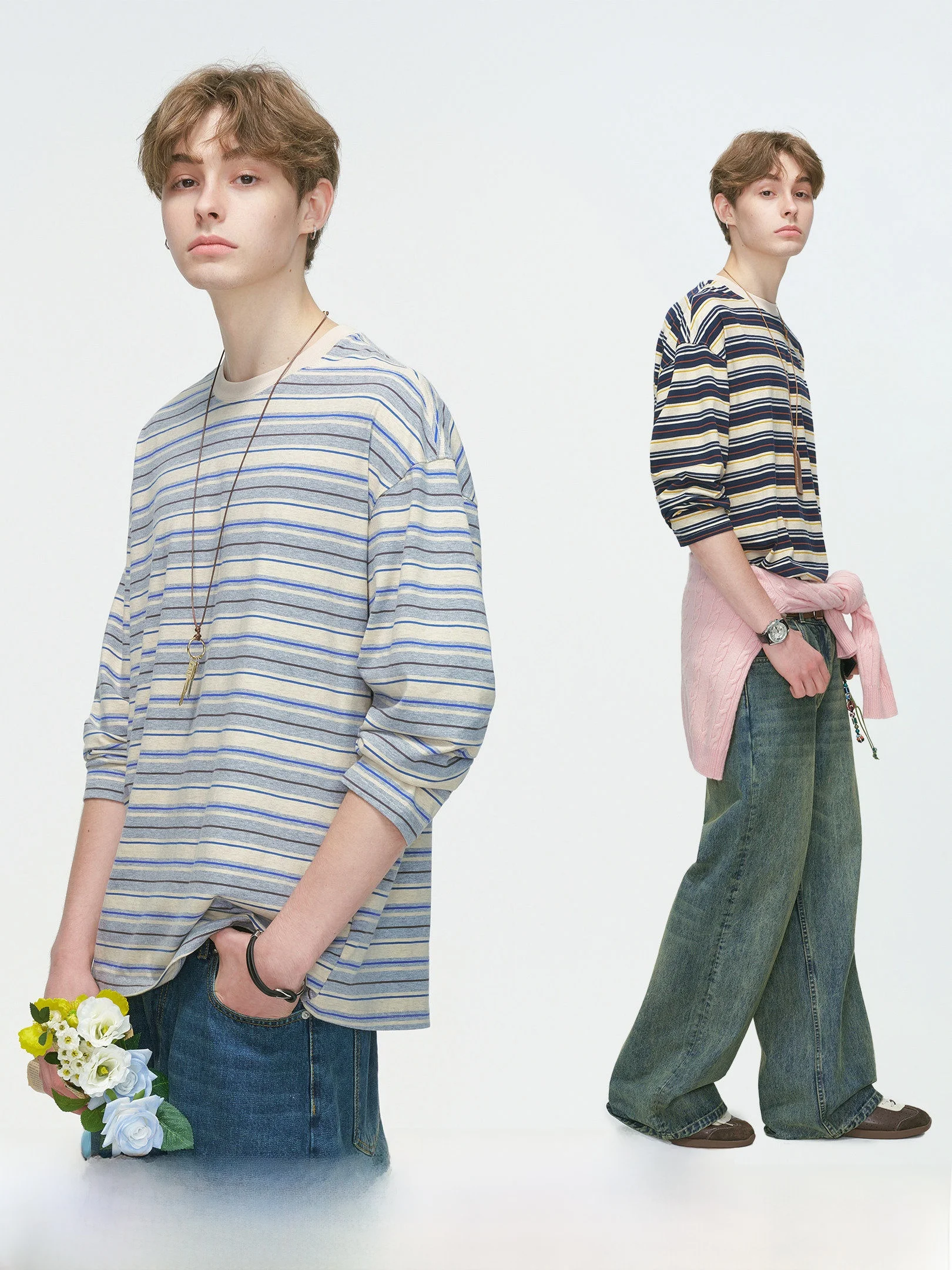

Dream Made American Color Block Striped Long Sleeve round Neck T-Shirt Men's Spring Autumn New Heavy Base Shirt Top