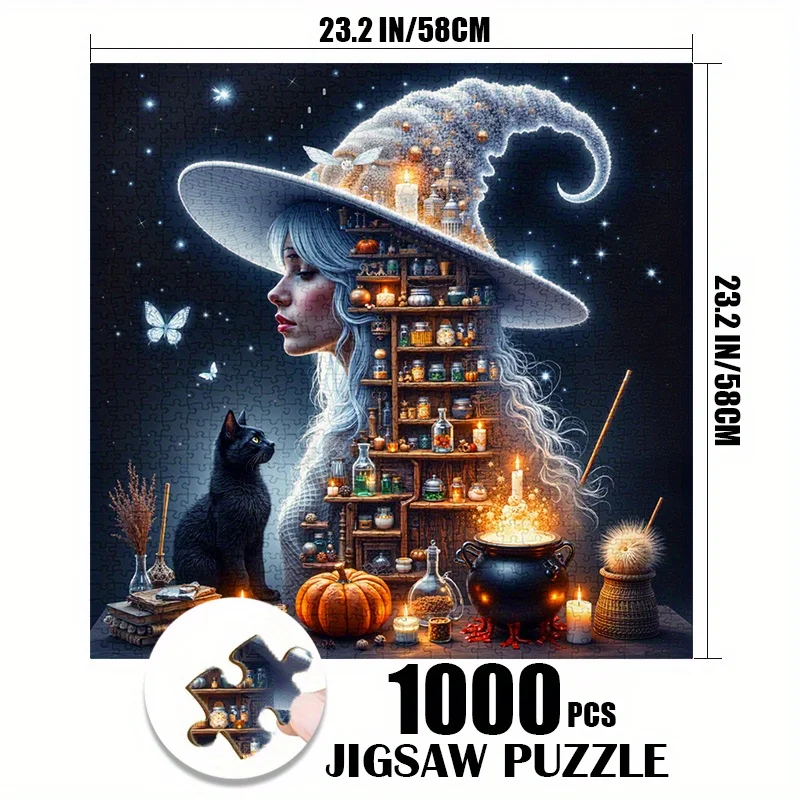 1000피스 대형 마녀 마법 종이 퍼즐 성인 및 가족용 - 내구성 있는 종이 상자로 두뇌를 자극하는, 무서운 홀 테마