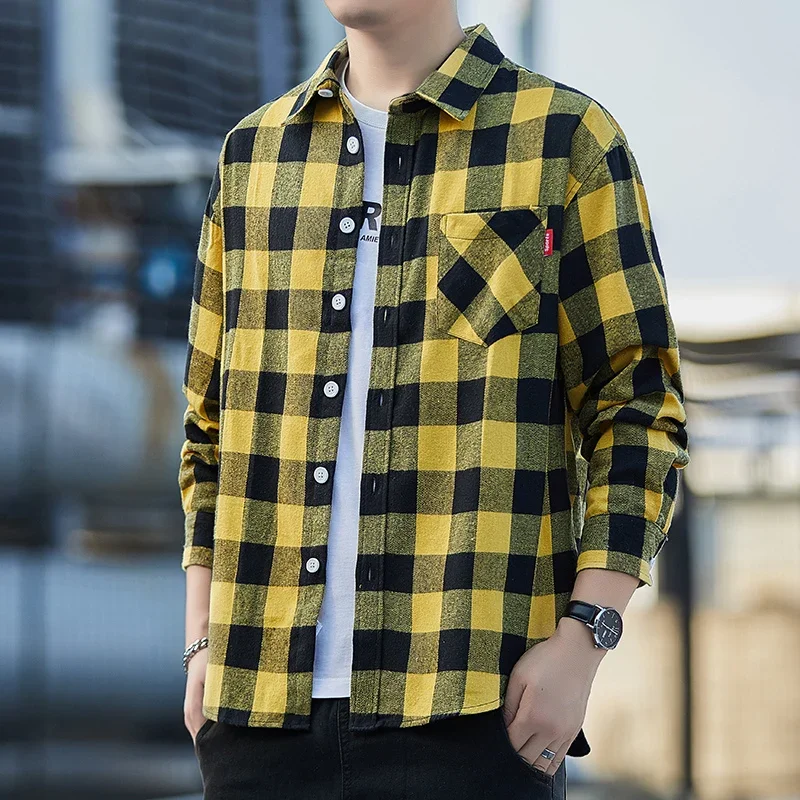 Men's Plaid Shirts Spring Autumn Big Size Loose Fashion Thin Long-sleeved Chest Pocket Design Oversized 9XL Lapel Casual Shirts