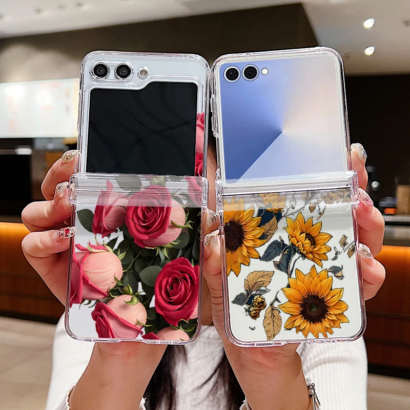 Z Flip 7 حافظة متمحور واضحة الصلب PC الزهور الفاخرة يترك نمط للطي قضية الهاتف لسامسونج غالاكسي Z Flip 7 FE 6 5 4 3