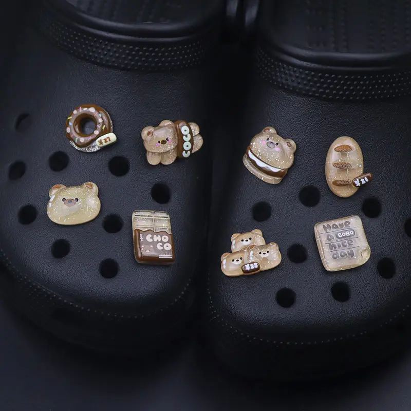 

2022 Hot Sale Designer Charms Cute Coffee Bear Set Charms for Crocs DIY Accessories Lovely Adornment for Clogs Sandals for Gift