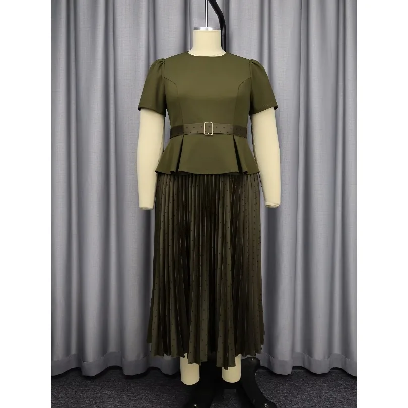 Classy Women Dress Set O Neck Short SleevesTop with Belts High Waist Pleated Polka Dots Skirt Elegant Africa Office Party Outfit