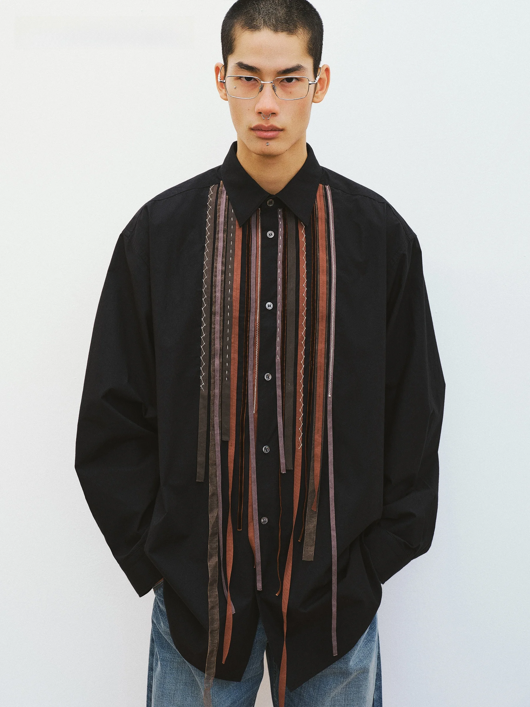 

VERMO Casual Oversized irt with Tassel Patchwork Multi-Material Heavy-Work Sle Cotton Long Sve Flip-Collared ex Op...