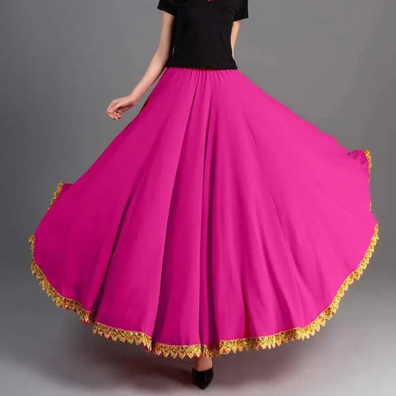 Women Skirt 720 Degree Swing Chiffon Skirt Elastic Waist Phnom Splicing Dance Clothing Red Green Spring Summer Autumn Long Skirt