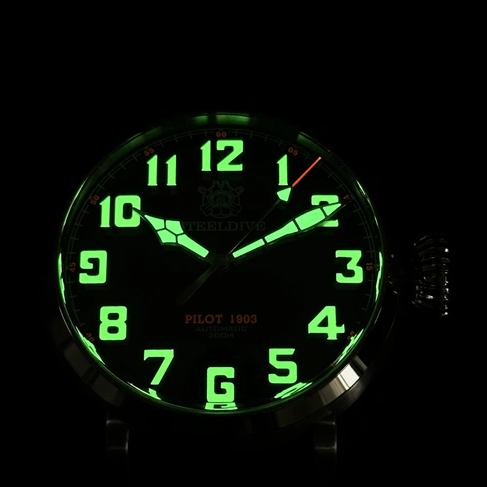 STEELDIVEผู้ชายนาฬิกาอัตโนมัติ 46.5Mm Pilotนาฬิกาข้อมือDiver 20ATMกันน้ําC3 Luminous Sapphire Mirror NH35