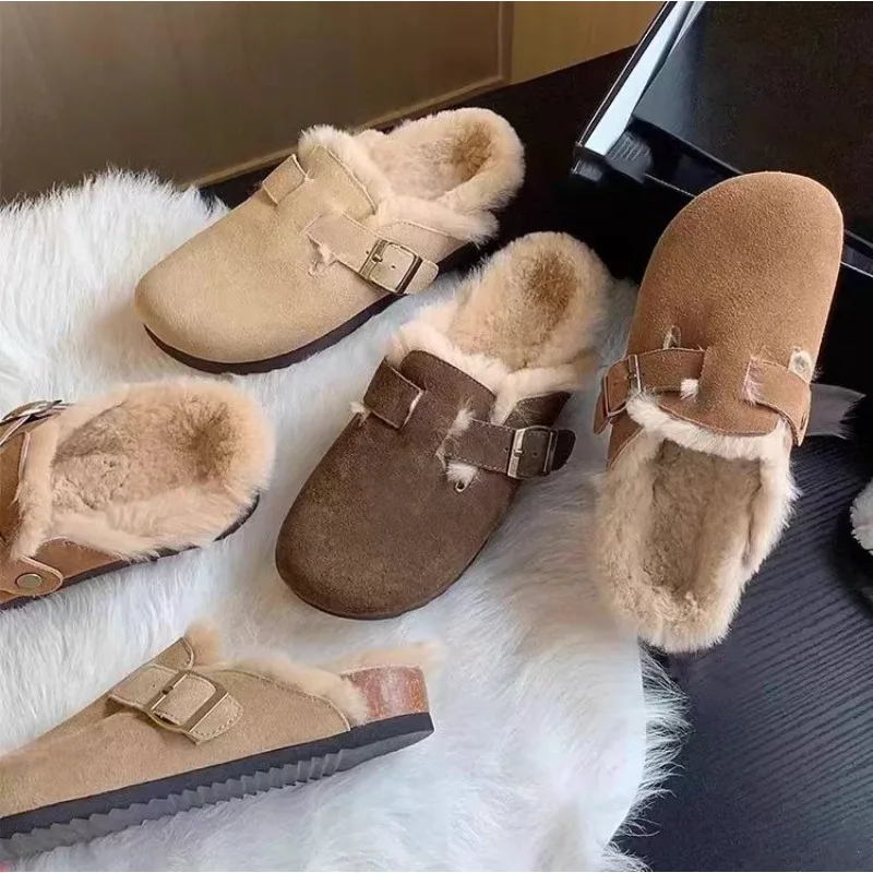 

Fashion Suede Clogs Slippers Women Thick Fleece Slippers Cork Footbed Women Mules Nonslip Beach Sandals with Arch Support Slide