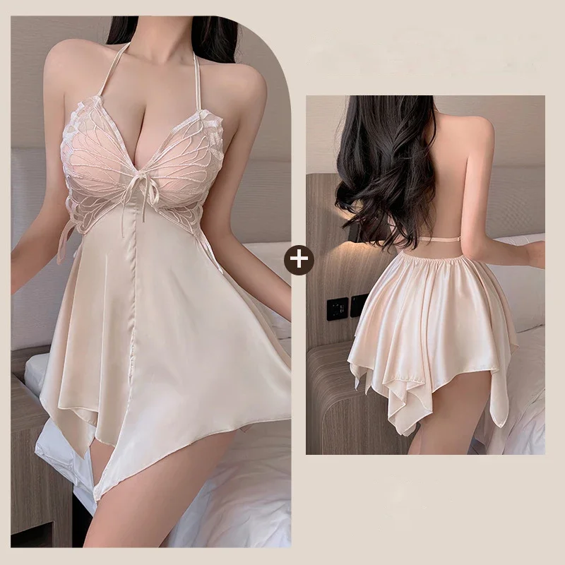 

French Bow Gathering with Chest Cushion Home Nightgown Sexy Lingerie Backless Home Clothes Night Dress Women's Pajamas Dress