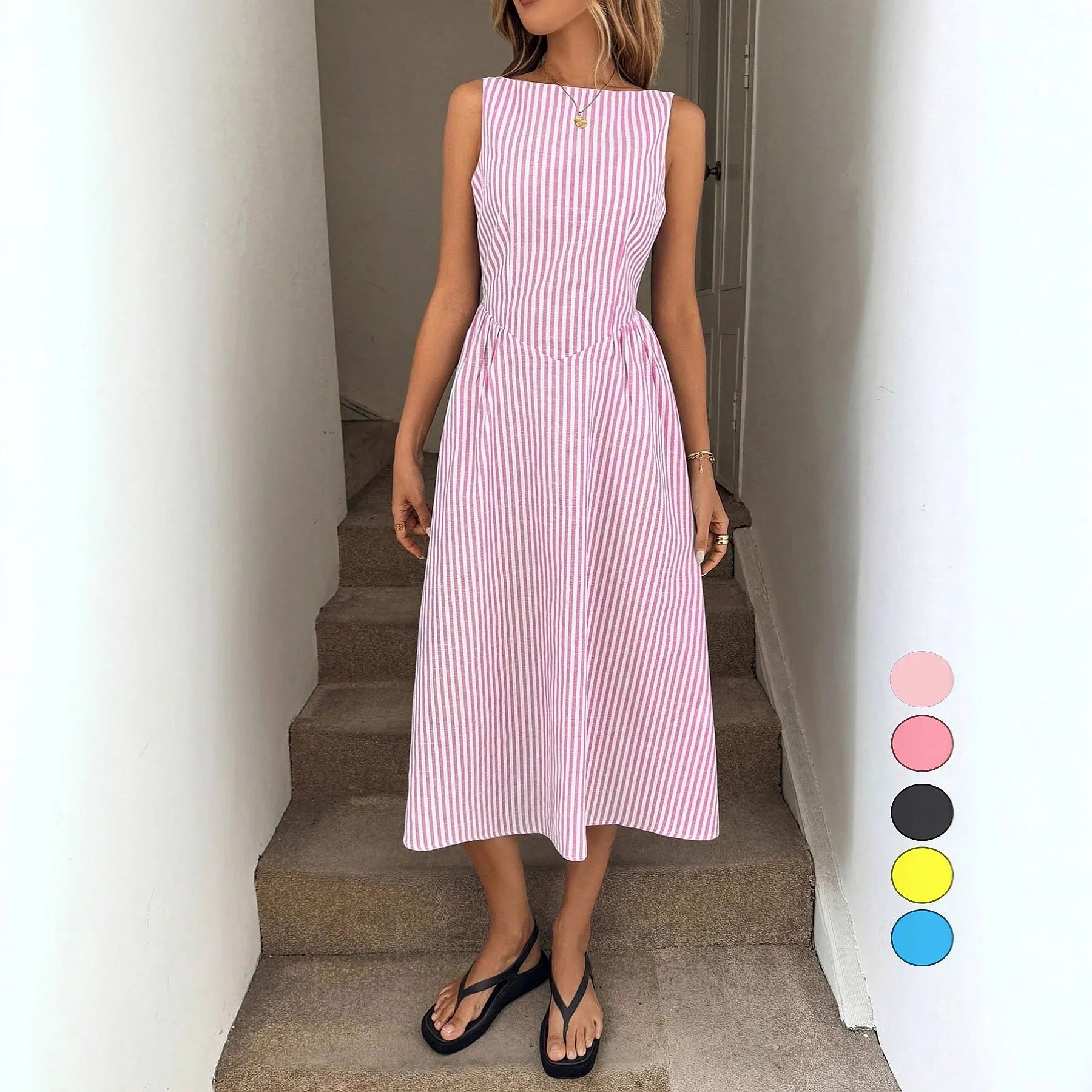 French Style Vertical Stripe Dress Summer Spring Midi Dresses Sleeveless Princess Swing A-Line Maxi Dresses