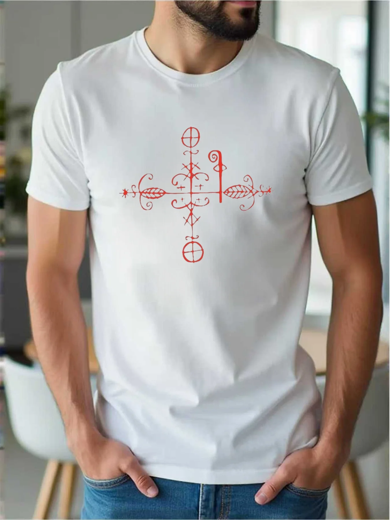 Men's T-Shirt with a Decorative Cross Design, Perfect as a Summer Gift for Loyal Individuals. This Casual Short-Sleeve Style Comes in a Regular Fit, Perfect for Year-Round Wear.