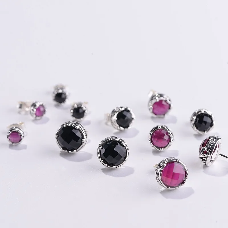 BOCAI S925 Pure Silver Jewelry Retro Simplicity Round Black Natural Stone Earrings Gifts For Men and Women